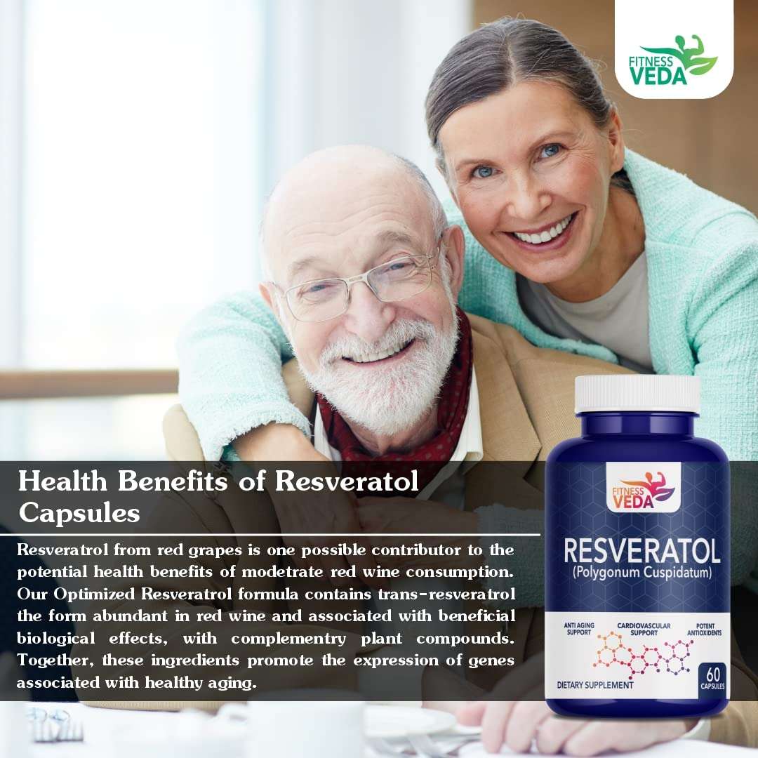 Resveratrol benefits, Red grape supplement, Anti-aging capsules, Heart health support, Trans-resveratrol formula, Healthy aging, Wine extract capsules, Longevity supplement, Plant antioxidants, Gene expression, Fitness Veda, 500mg capsules, Vegan resveratrol, Pure supplement, Biological effects