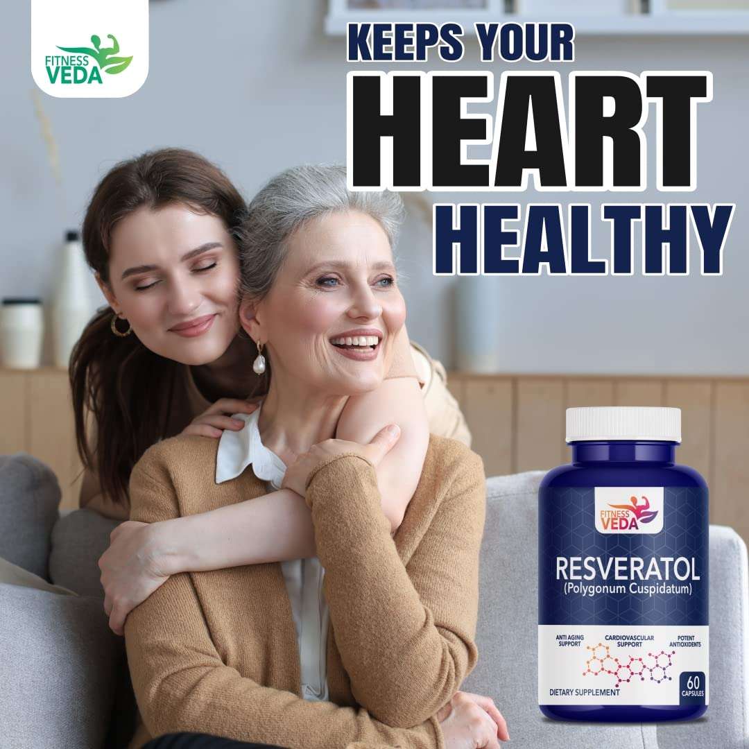 Resveratrol supplement, Anti-aging capsules, Heart health support, Pure Resveratrol, Vegan supplement, Longevity capsules, Metabolism booster, Antioxidant capsules, Healthy aging, Cholesterol support, Immune support, Plant-based capsules, Inflammation relief, Cardiovascular health, Fitness Veda