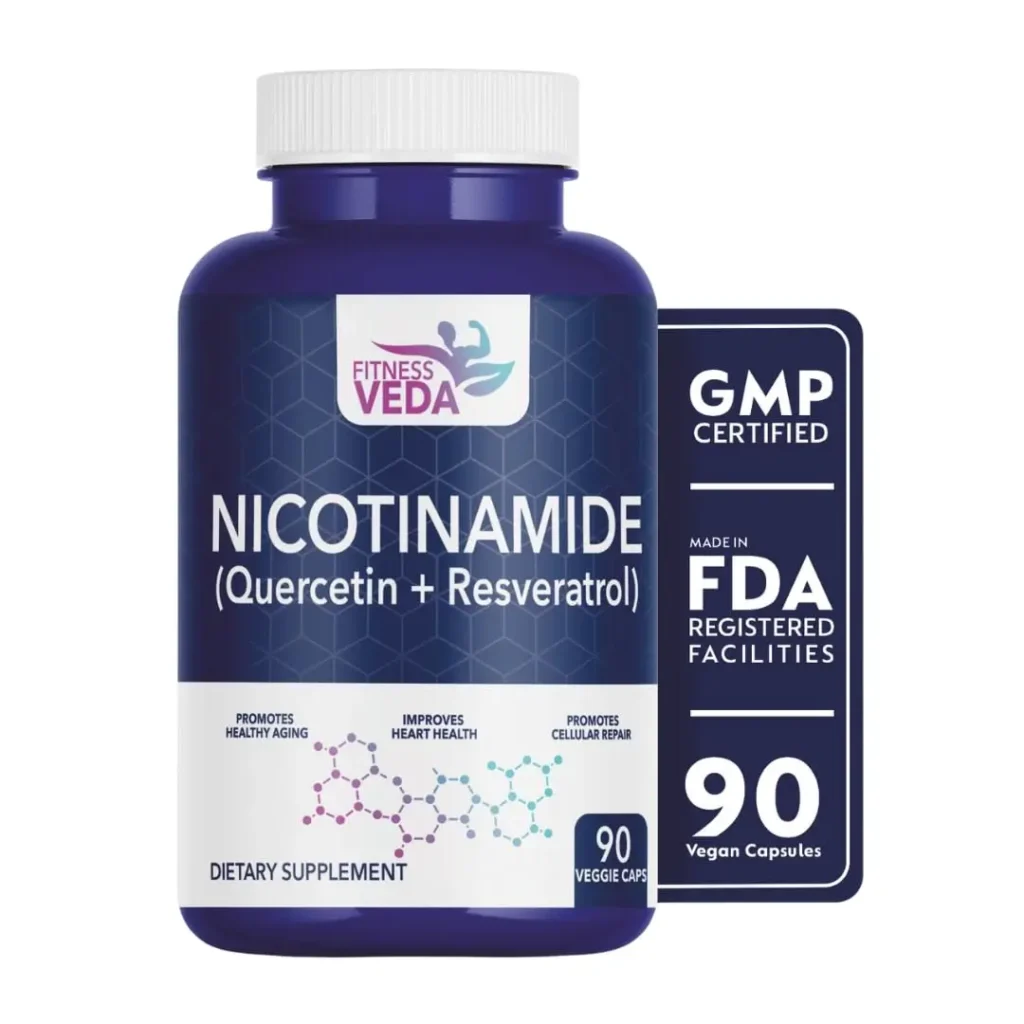 NMN supplement bottle, Anti aging capsules, Veggie NAD booster, Cellular repair supplement, Heart health capsules, Quercetin NMN formula, Resveratrol antioxidant capsules, GMP certified supplement, FDA approved facility, Longevity veggie capsules, Premium NMN blend, Fitness Veda supplement, Herbal anti aging, 90 count capsules, Plant based NMN