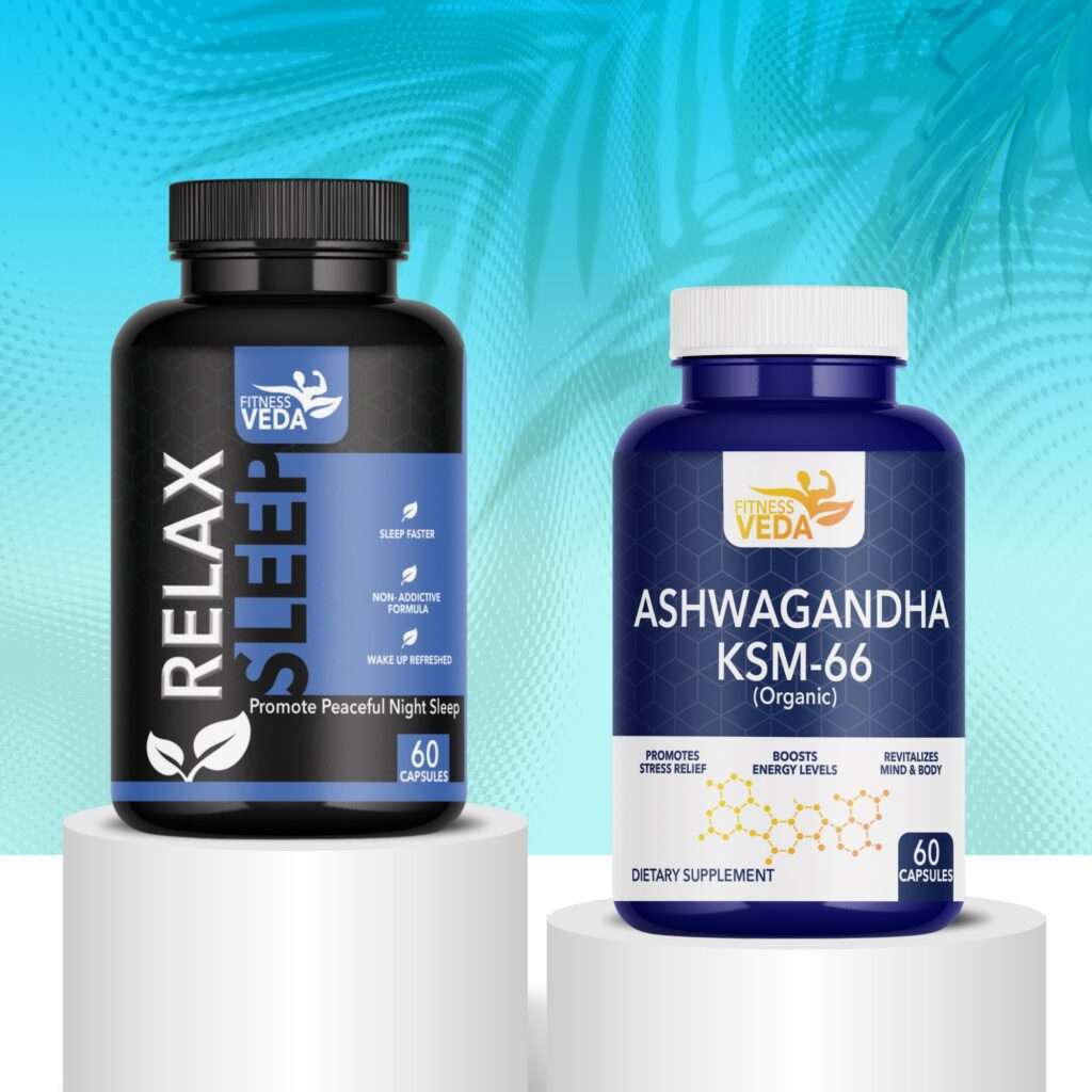 Sleep & Stress Relief Combo, Best sleep supplement capsules, Natural sleep support tablets, Stress relief capsules Ashwagandha, Relax Sleep capsules Fitness Veda, Ashwagandha KSM-66 supplement, Sleep & Stress Relief Combo buy, Deep sleep support capsules, Natural sleep and wellness combo, Fitness Veda stress relief combo