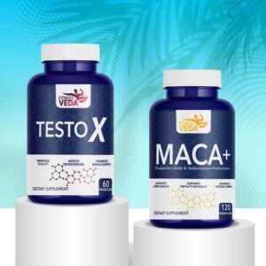 Advanced Testosterone Booster Combo, Testosterone Booster Combo 2025, Fitness Veda Testo X, Fitness Veda Maca+, Testosterone booster supplement, Muscle growth supplement 2025, Testosterone booster capsule, Natural testosterone booster, Energy booster supplement, Strength & stamina supplement, Testosterone supplement for men, Testosterone capsule for vitality, Maca testosterone support